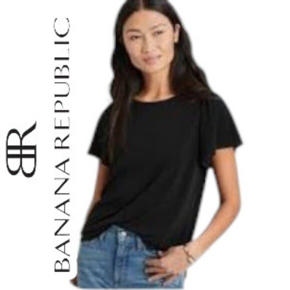 NWT Banana Republic Crepe Top Flutter Sleeve Semi-sheer with Stripes in Black - Picture 1 of 16